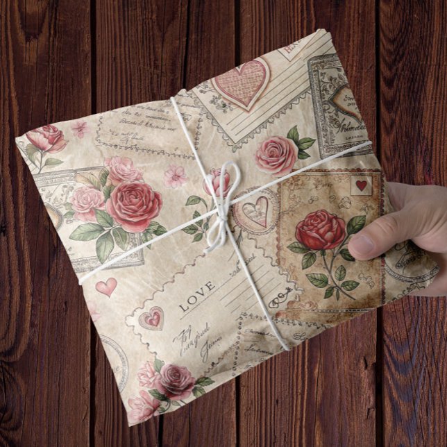 Romantic Vintage Roses Letters Hearts Decoupage Tissue Paper (valentine roses romantic tissue gift wrap)
