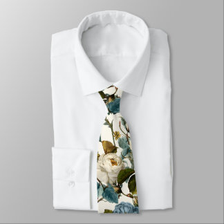 Romantic Vintage Roses White Blue Tie