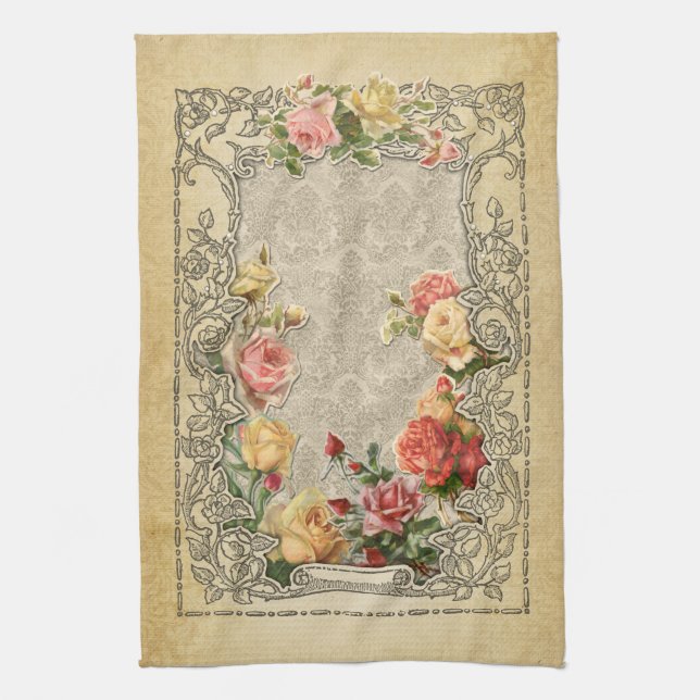 Romantic Vintage Sculpted Roses Kitchen Towel (Vertical)