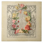 Romantic Vintage Sculpted Roses Tile<br><div class="desc">Layers of beautiful sculpted roses in pastel shades of pink, yellow and peach within a dimensional ornate engraved vintage rustic frame on an ecru damask background. Note: Sculpted, engraved, embossed and dimensional effects, layered, aged or eroded appearance, textures and shadows achieved digitally. Actual product has a flat surface.</div>