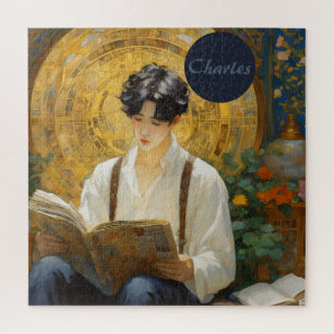 Romantic Vintage Style Art of Boy Reading Jigsaw Puzzle
