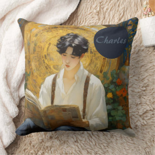 Romantic Vintage Style Art of Boy Reading Throw Pillow