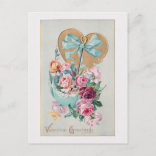 Romantic Vintage Valentine Roses and Heart Holiday Postcard