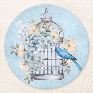 Romantic Vintage Watercolor Floral Birdcage Round Paper Coaster