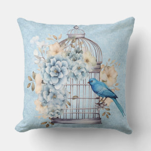 Romantic Vintage Watercolor Floral Birdcage Throw Pillow