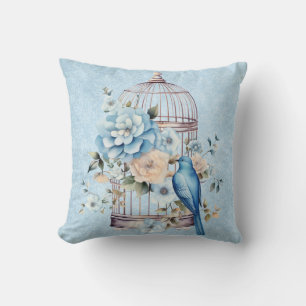 Romantic Vintage Watercolor Floral Birdcage Throw Pillow