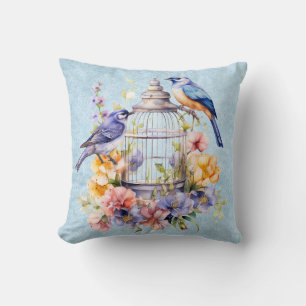 Romantic Vintage Watercolor Floral Birdcage Throw Pillow