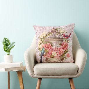 Romantic Vintage Watercolor Floral Birdcage Throw Pillow