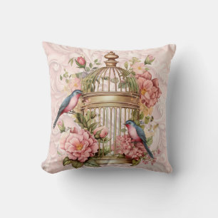 Romantic Vintage Watercolor Floral Birdcage Throw Pillow