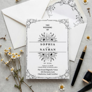 Romantic Vintage Wildflower Floral Sketch Wedding  Invitation