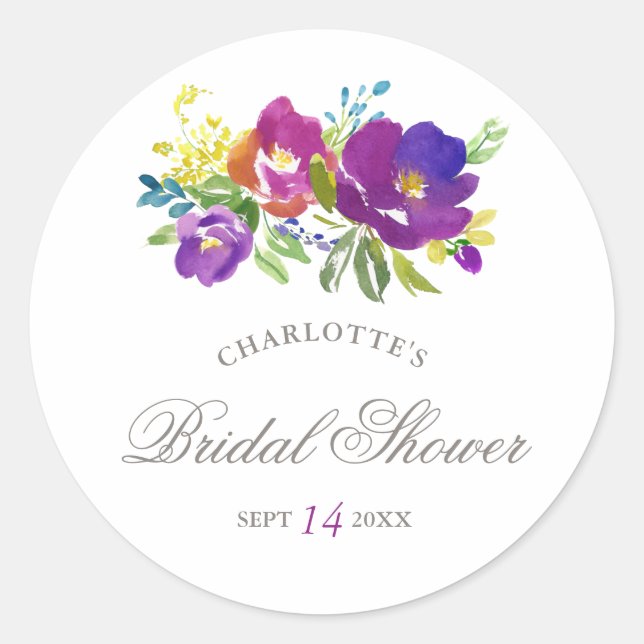 Romantic Violet Floral Bridal Shower Sticker (Front)