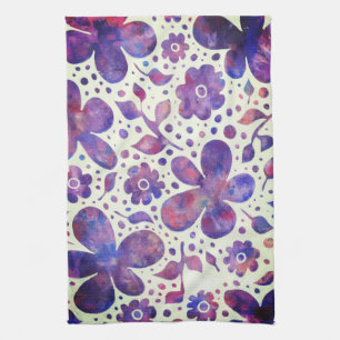 Romantic Violet Flowers and Leaves Original Art Kitchen Towel