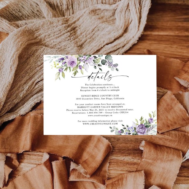 Romantic Violet Flowers Wedding Details Card (Creator Uploaded)