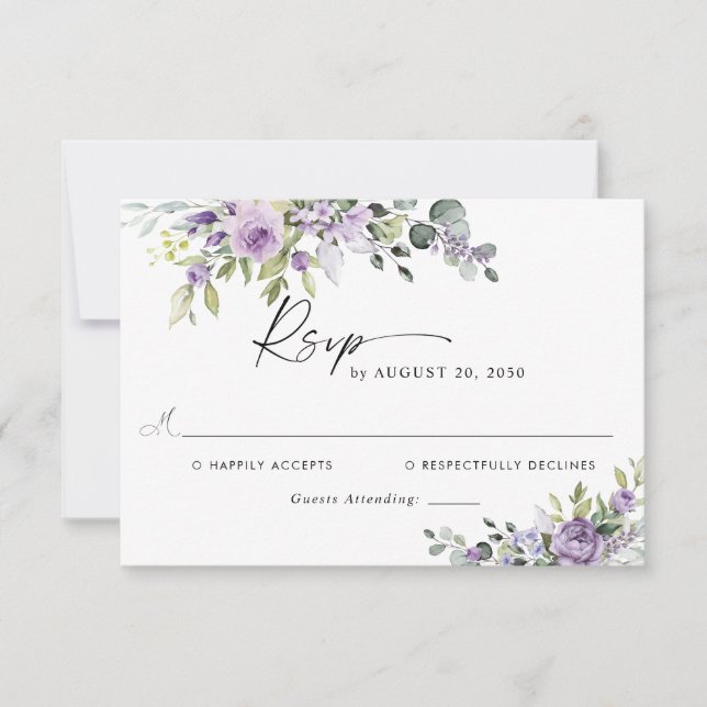 Romantic Violet Flowers Wedding RSVP Card (Devant)