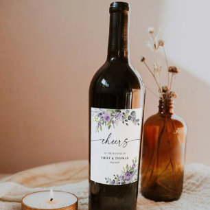 Romantic Violet Flowers Wedding Wine Label