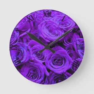 romantic violet purple roses, pretty rose bouquet round clock