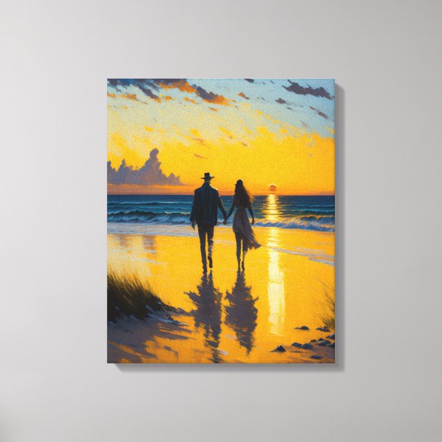 Romantic walk, couple on the beach landscape paint canvas print (Front)