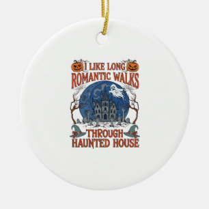 Romantic Walks Through Haunted House Ghost Pumpkin Ceramic Ornament