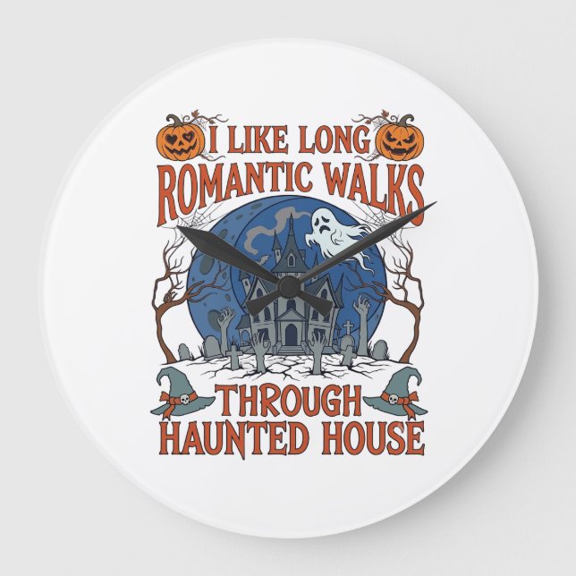 Romantic Walks Through Haunted House Ghost Pumpkin Large Clock (Front)