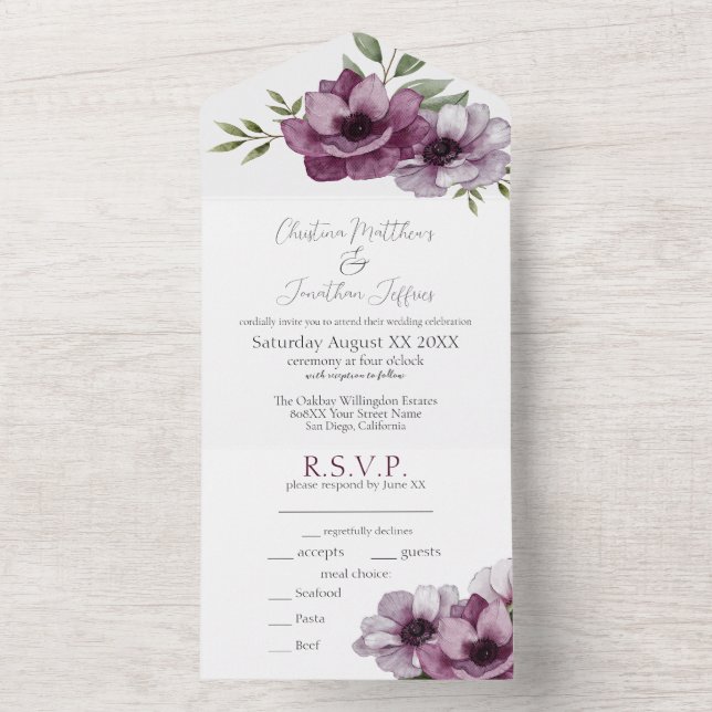 Romantic Watercolor Anemones All In One Invitation (Inside)