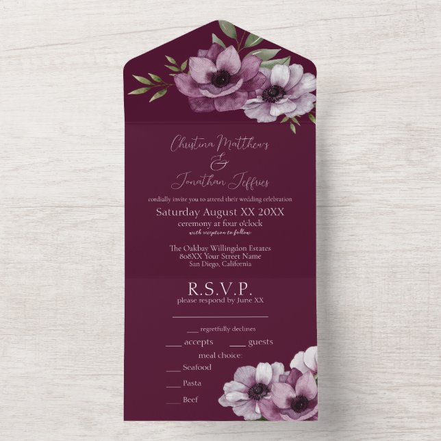 Romantic Watercolor Anemones on Merlot All In One Invitation (Inside)