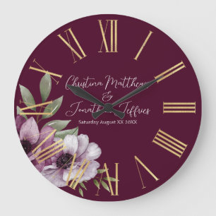 Romantic Watercolor Anemones on Merlot Large Clock