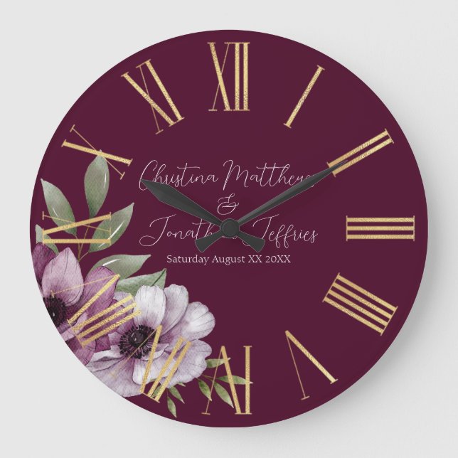 Romantic Watercolor Anemones on Merlot Large Clock (Front)