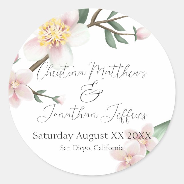 Romantic Watercolor Apple Blossoms Classic Round Sticker (Front)