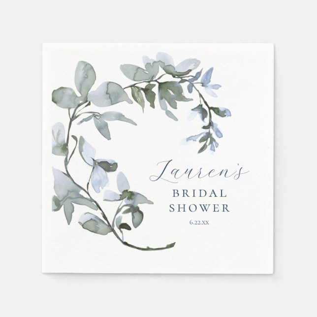 Romantic Watercolor Blue Floral Bridal Shower Napkin (Front)