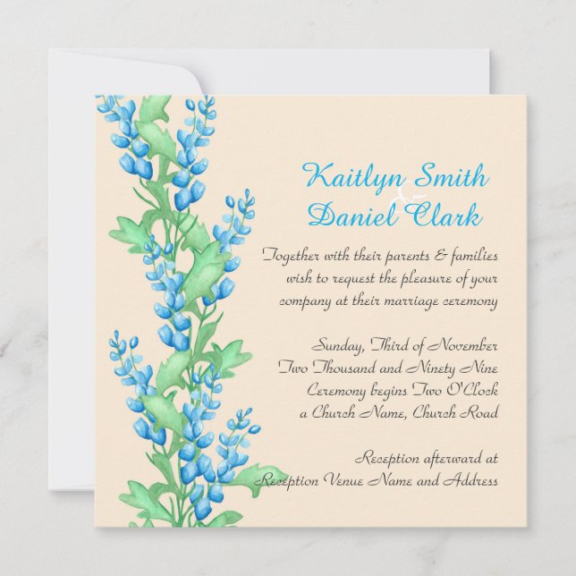 Romantic Watercolor Blue Flowers Wedding Invite (Front)