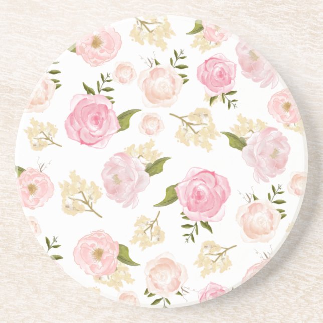 Romantic Watercolor Blush Peonies Floral Pattern I Coaster (Front)