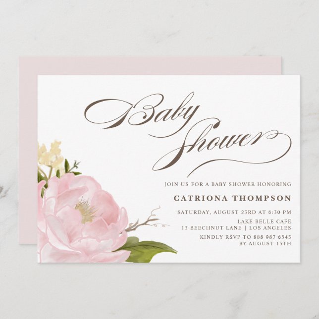 Romantic Watercolor Blush Pink Peony Baby Shower Invitation (Front/Back)