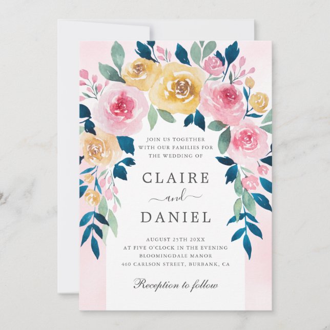 Romantic Watercolor Blush Pink Roses Wedding Invitation (Front)