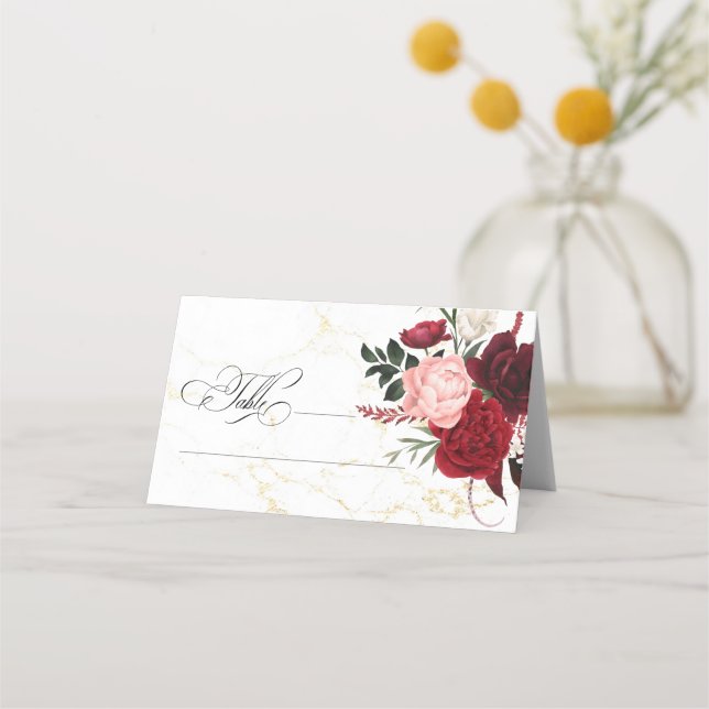 Romantic Watercolor Burgundy Floral Chic Wedding  Place Card (Front)