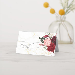 Romantic Watercolor Burgundy Floral Chic Wedding Place Card