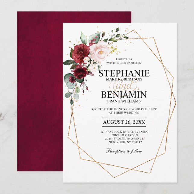 Romantic Watercolor Burgundy Floral Geometric Invitation (Front/Back)