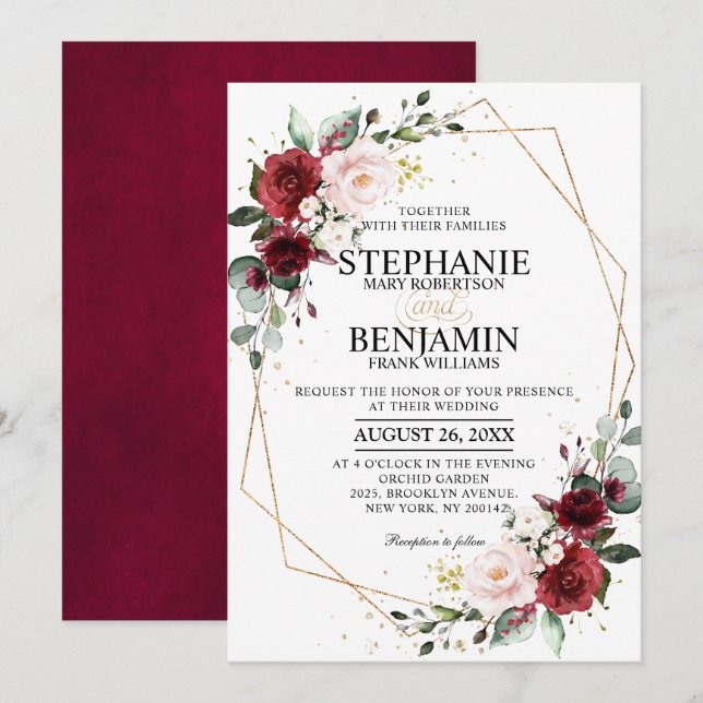 Romantic Watercolor Burgundy Floral Geometric Invitation (Front/Back)