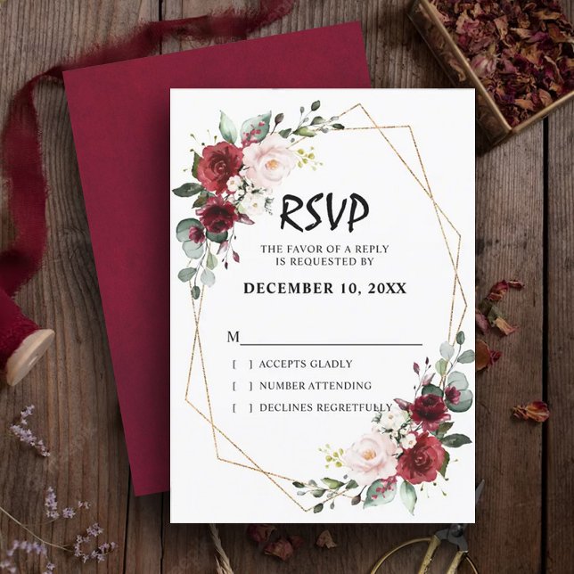 Romantic Watercolor Burgundy Floral Geometric RSVP Card (Creator Uploaded)