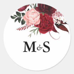 Romantic Watercolor Burgundy Floral Wedding Classic Round Sticker