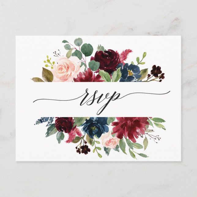 Romantic Watercolor Burgundy Red Blush Floral RSVP Postcard (Front)