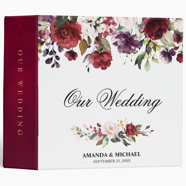 Romantic Watercolor Burgundy Red Blush Rose Floral Binder (Front/Spine)