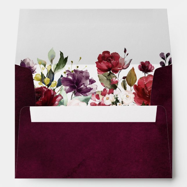 Romantic Watercolor Burgundy Red Blush Rose Floral Envelope (Back (Bottom))