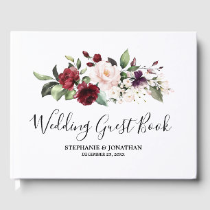Romantic Watercolor Burgundy Red Blush Rose Floral Guest Book