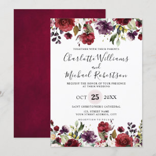 Romantic Watercolor Burgundy Red Blush Rose Floral Invitation