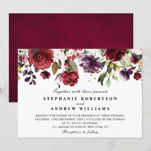 Romantic Watercolor Burgundy Red Blush Rose Floral Invitation