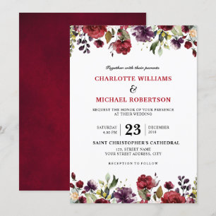 Romantic Watercolor Burgundy Red Blush Rose Floral Invitation