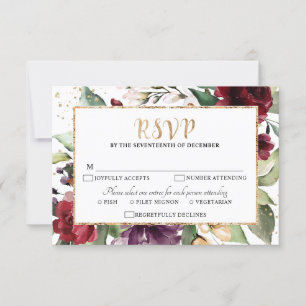 Romantic Watercolor Burgundy Red Blush Rose Floral RSVP Card
