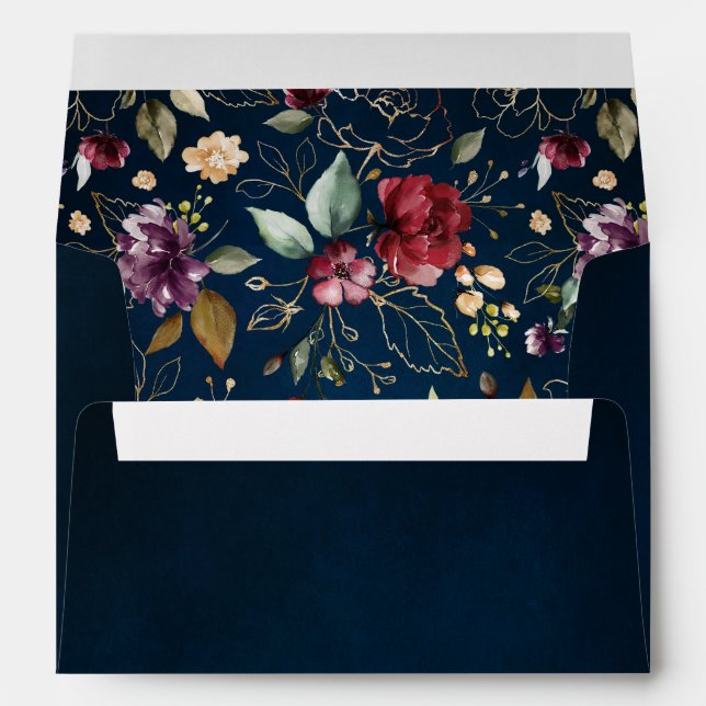 Romantic Watercolor Burgundy Red Navy Floral Envelope (Back (Bottom))