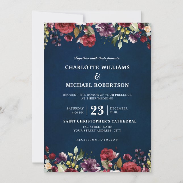 Romantic Watercolor Burgundy Red Navy Floral Invitation (Front)