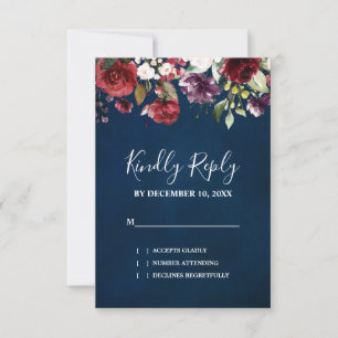 Romantic Watercolor Burgundy Red Navy Floral RSVP Card